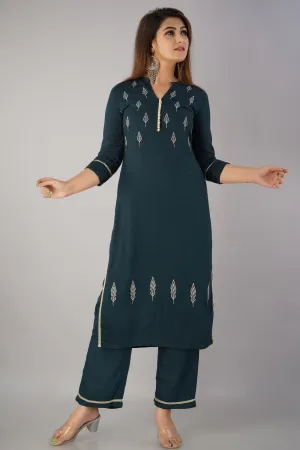 SVARCHI Women's Rayon Slub Embroidered Straight Kurta & Palazzo Set (Bottle Green)