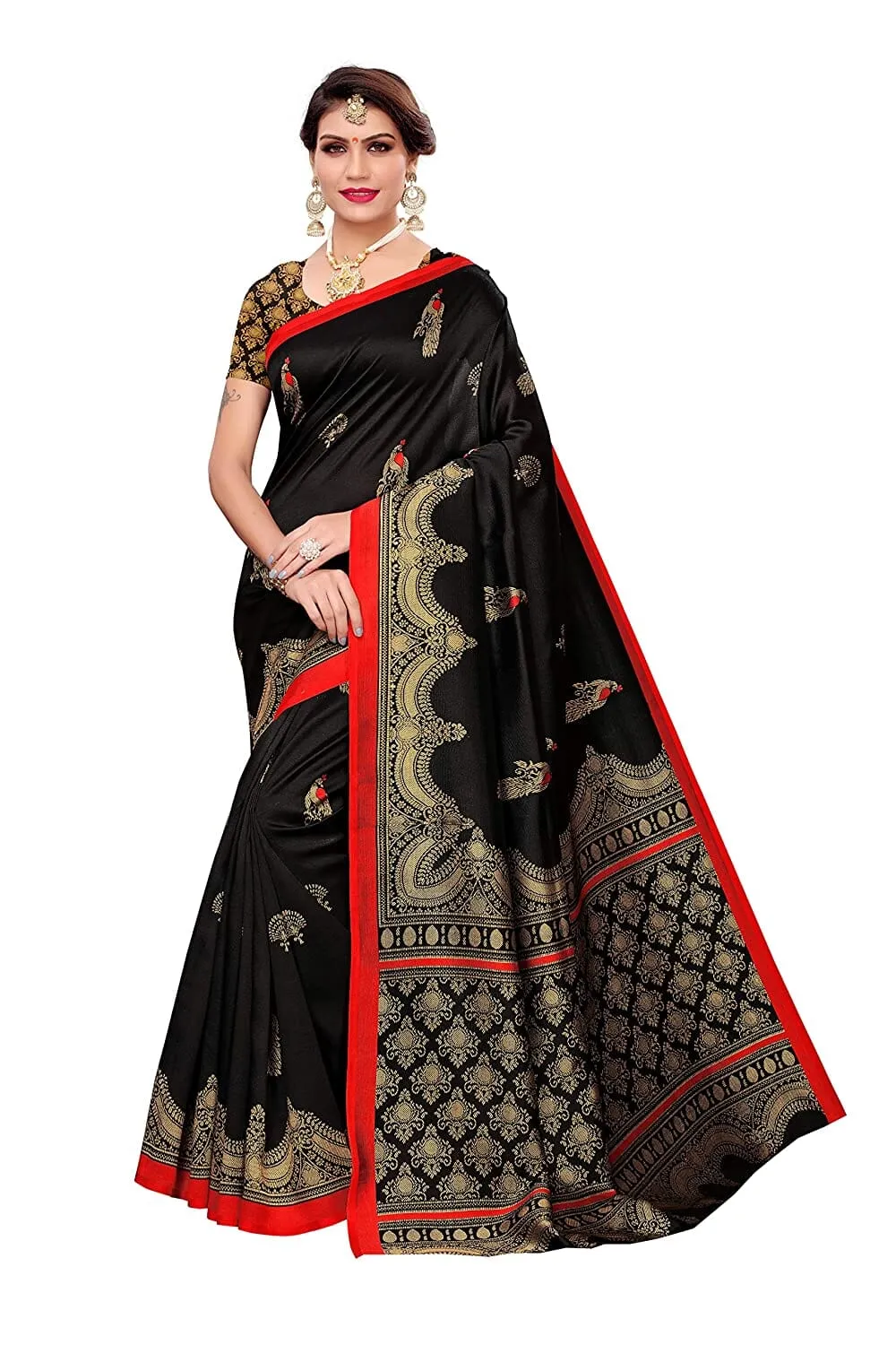 SVB Saree Black Art Silk Kalamkari Saree