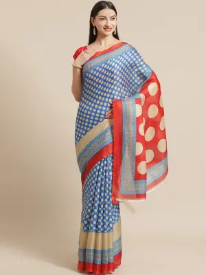 SVB Saree Blue And Red Polka Dot Print sare