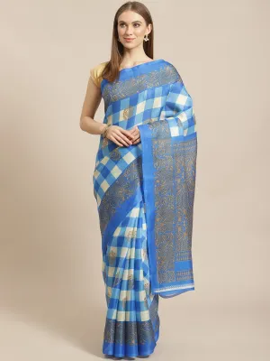 SVB Saree Blue Khadi Checks Print Saree