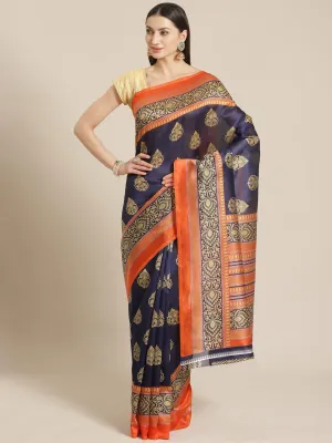 SVB SAREE Dark Blue And Orange  Solid Printed  Saree