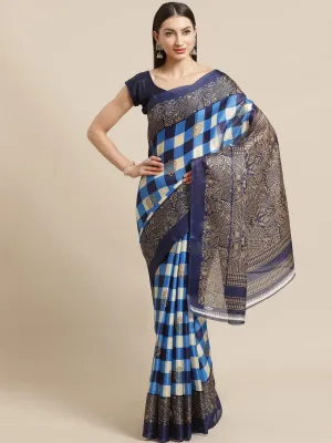 SVB Saree Dark Blue Checked Woven Design Printed Saree