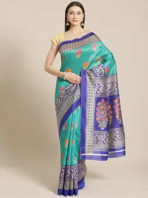 SVB SAREE Green And Blue Floral Printed Mysore Silk Saree