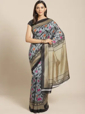 SVB Saree Grey and Black Floral Print Saree