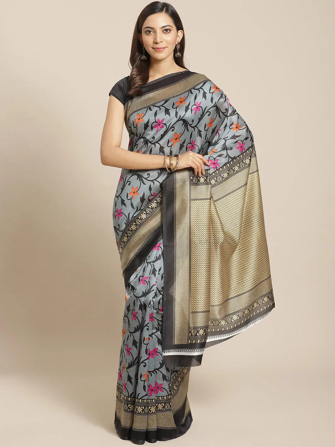 SVB Saree Grey and Black Floral Print Saree