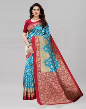 SVB Saree Light Blue And Red Art Silk Printed Saree