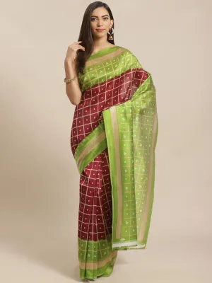 SVB Saree Maroon And Green Bandhani Print Saree