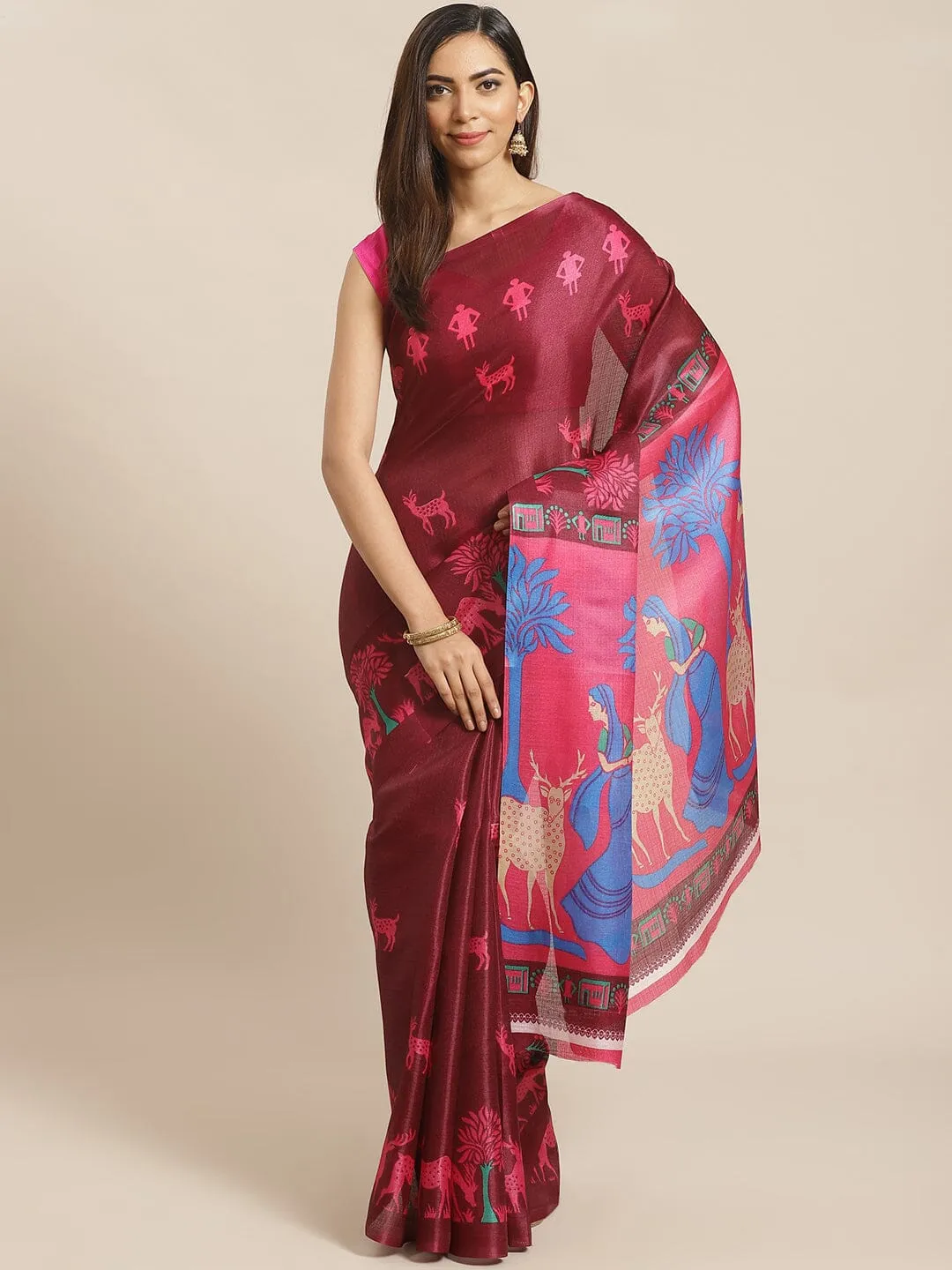 SVB Saree Maroon And Pink Khadi Silk Saree