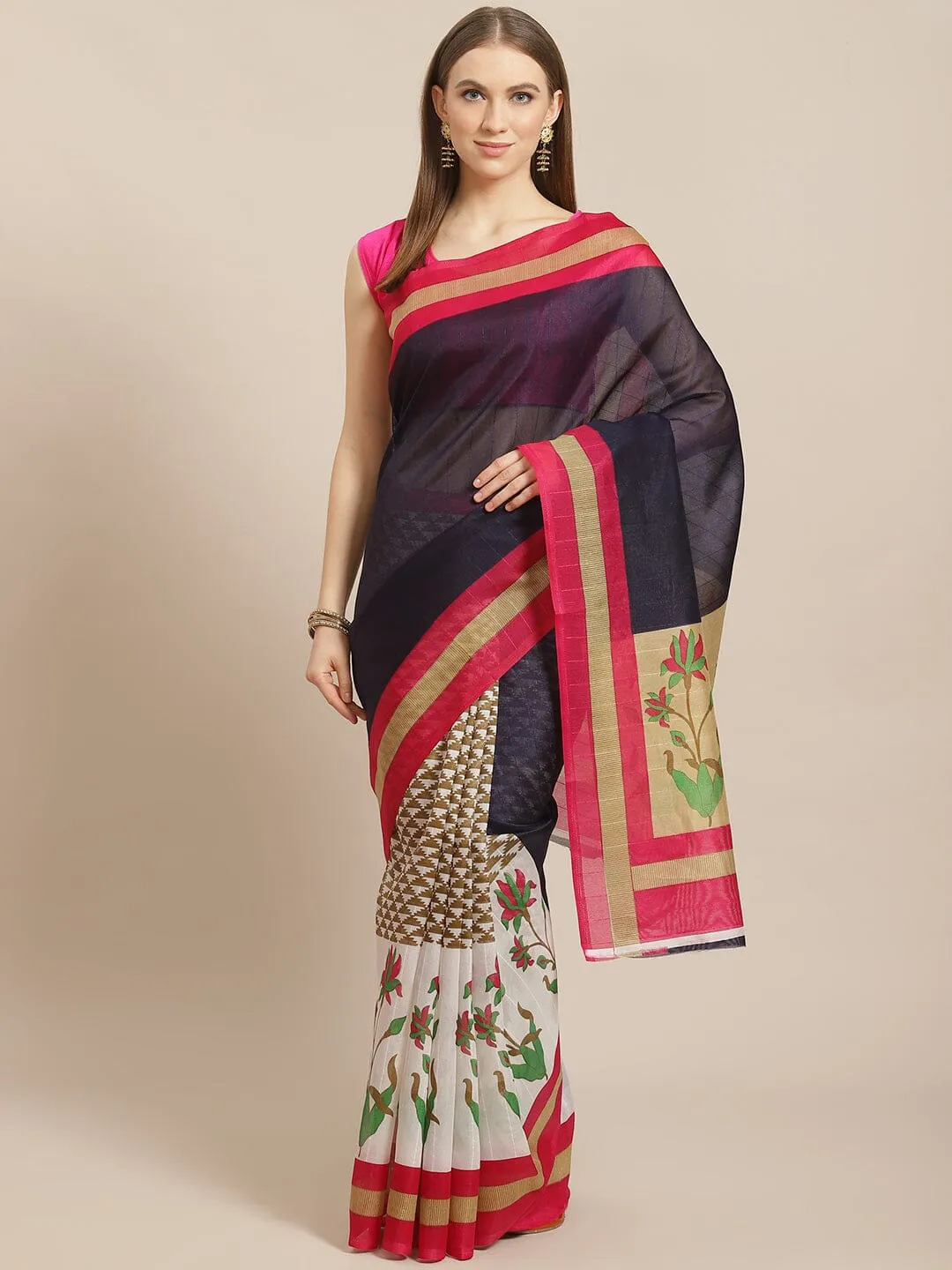 SVB Saree Navy Blue And Pink  Flower Print Saree