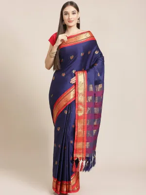 SVB Saree Navy Blue And Red Cotton Saree