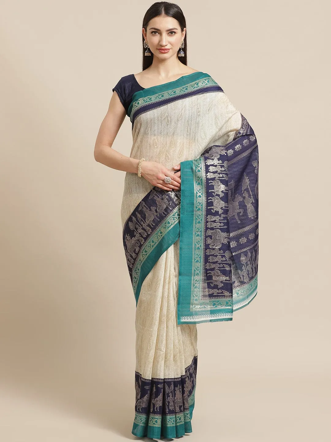 SVB SAREE Off white And Blue Bhagalpuri Foil Printed saree  Silk Saree