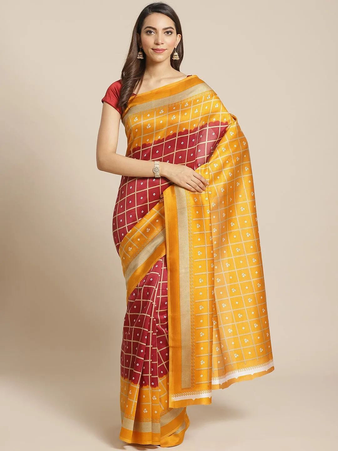 SVB Saree Orange And Maroon Block Print Saree