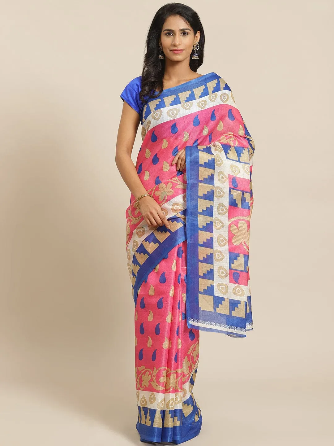 SVB Saree Pink  And Blue Khadi Silk Saree