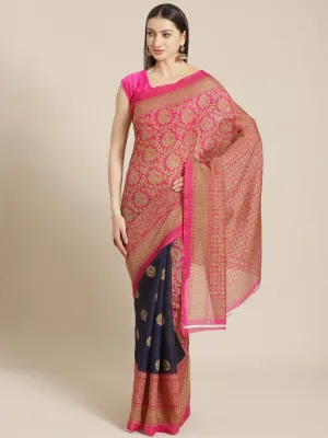 SVB SAREE Pink And Dark Blue Mysore Silk Printed Saree