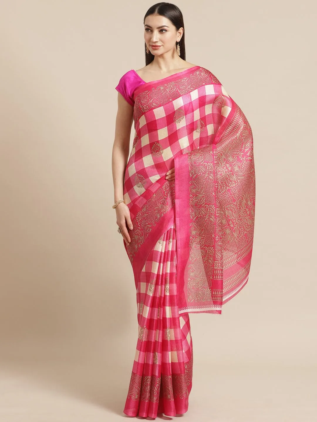 SVB Saree Pink Checked Woven Design Printed Saree