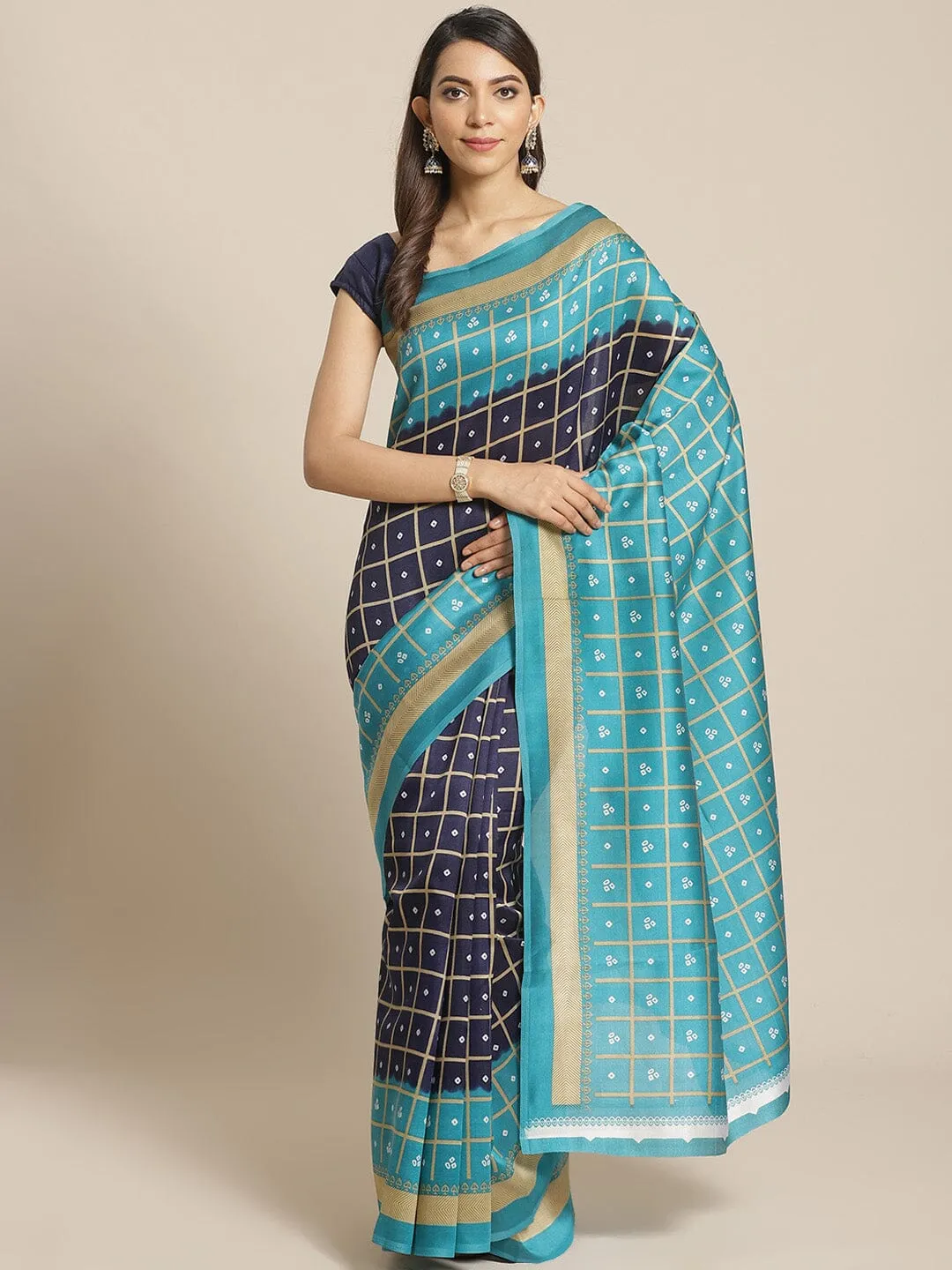 SVB Saree Rama And Blue Block Print saree