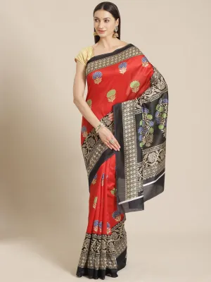 SVB SAREE Red And Black Floral Printed Mysore Silk Saree