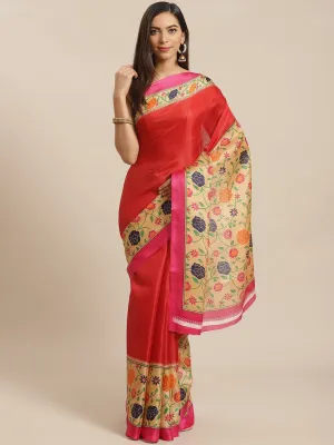 SVB Saree Red And Pink Khadi Flower Print Saree