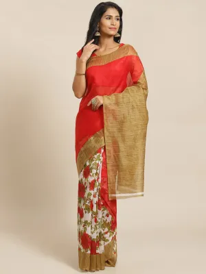 SVB Saree Red and White Floral Print Saree