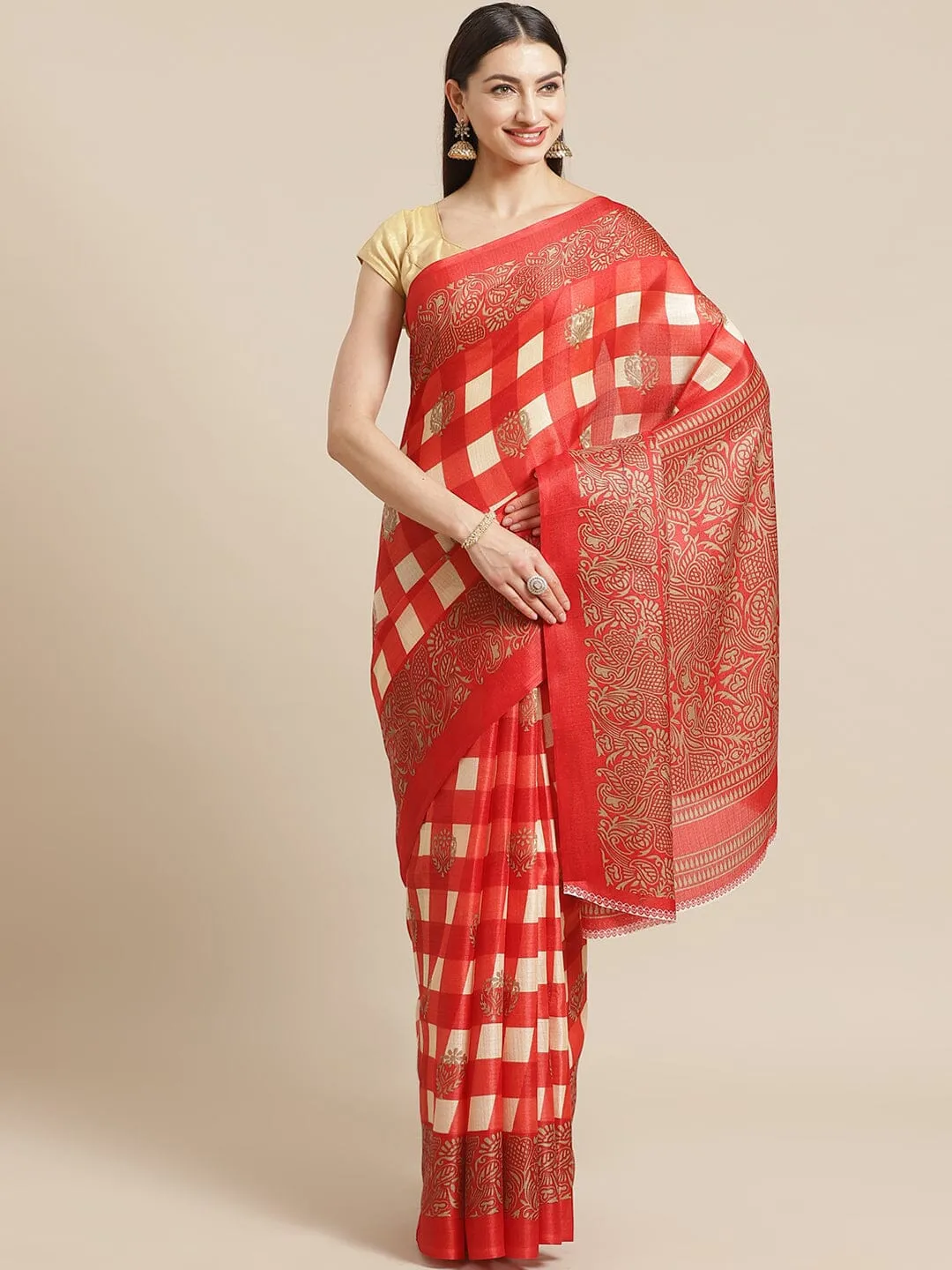 SVB SAREE Red Checks Khadi Printed Saree