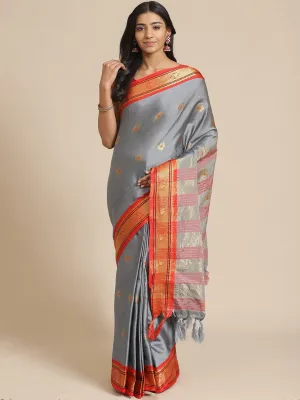 SVB Saree Silver And Red  Cotton Saree