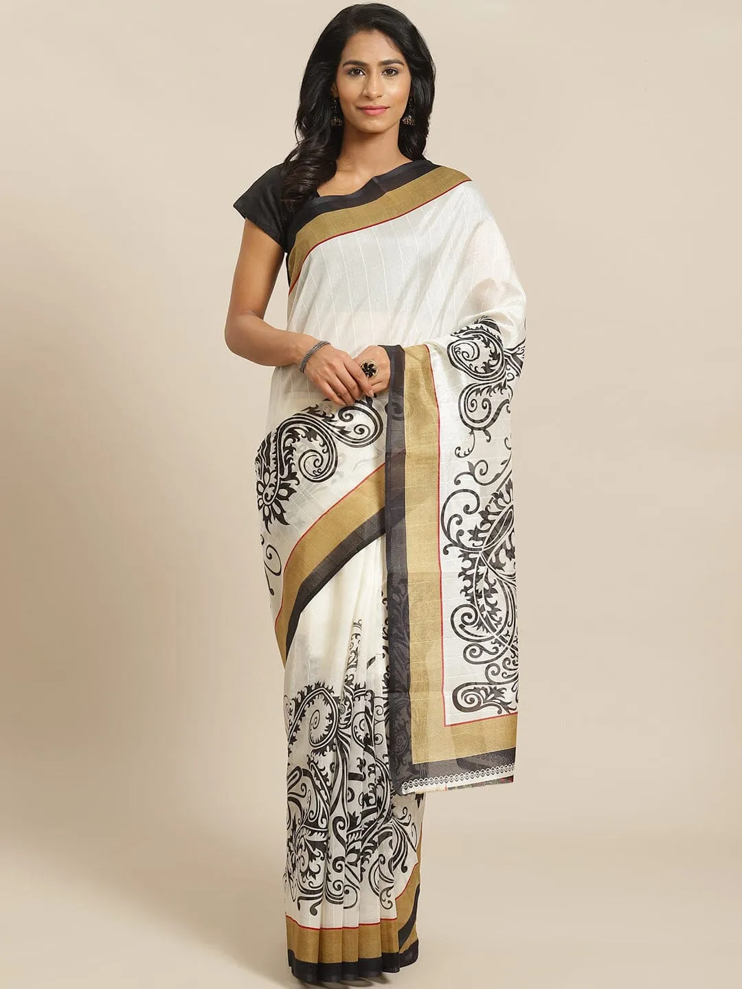 SVB Saree White And Black Flower Printed Saree