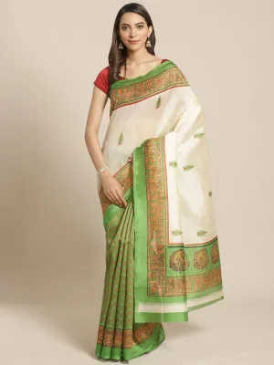 SVB Saree White And Green Animal Print Saree