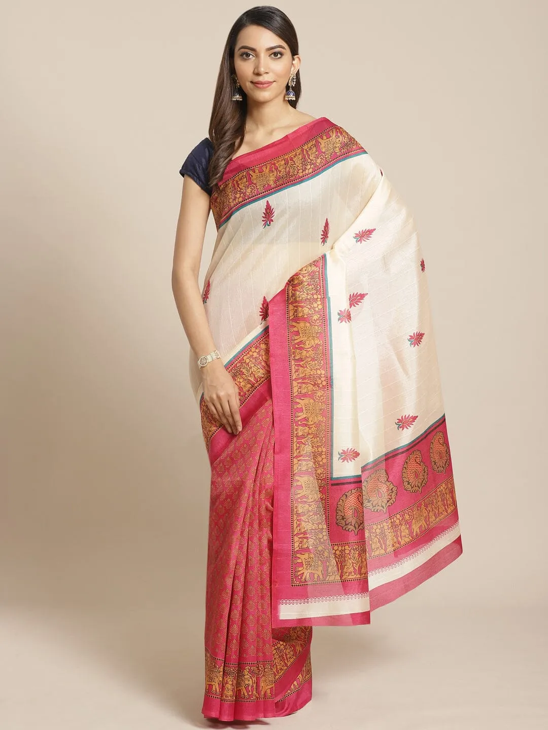 SVB Saree White And Pink Animal Print Saree