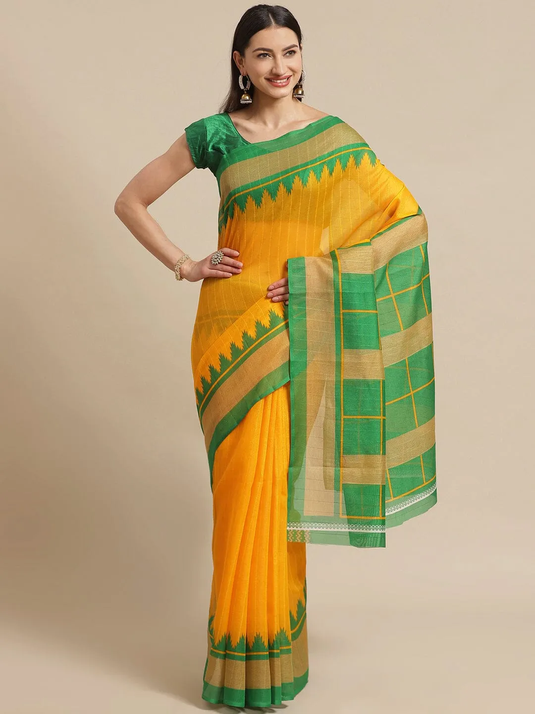 SVB Saree Yellow And Green Printed saree