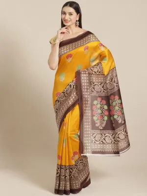 SVB SAREE Yellow And Maroon  Floral Printed Mysore Silk Saree