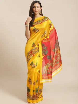 SVB Saree Yellow And Red Animal Print Mysore Silk Saree