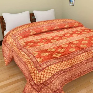 SVT Jaipuri Light Weight Pure Cotton Rajasthani Single Side Print Double Bed Quilt (Double,RED & ORENGE)