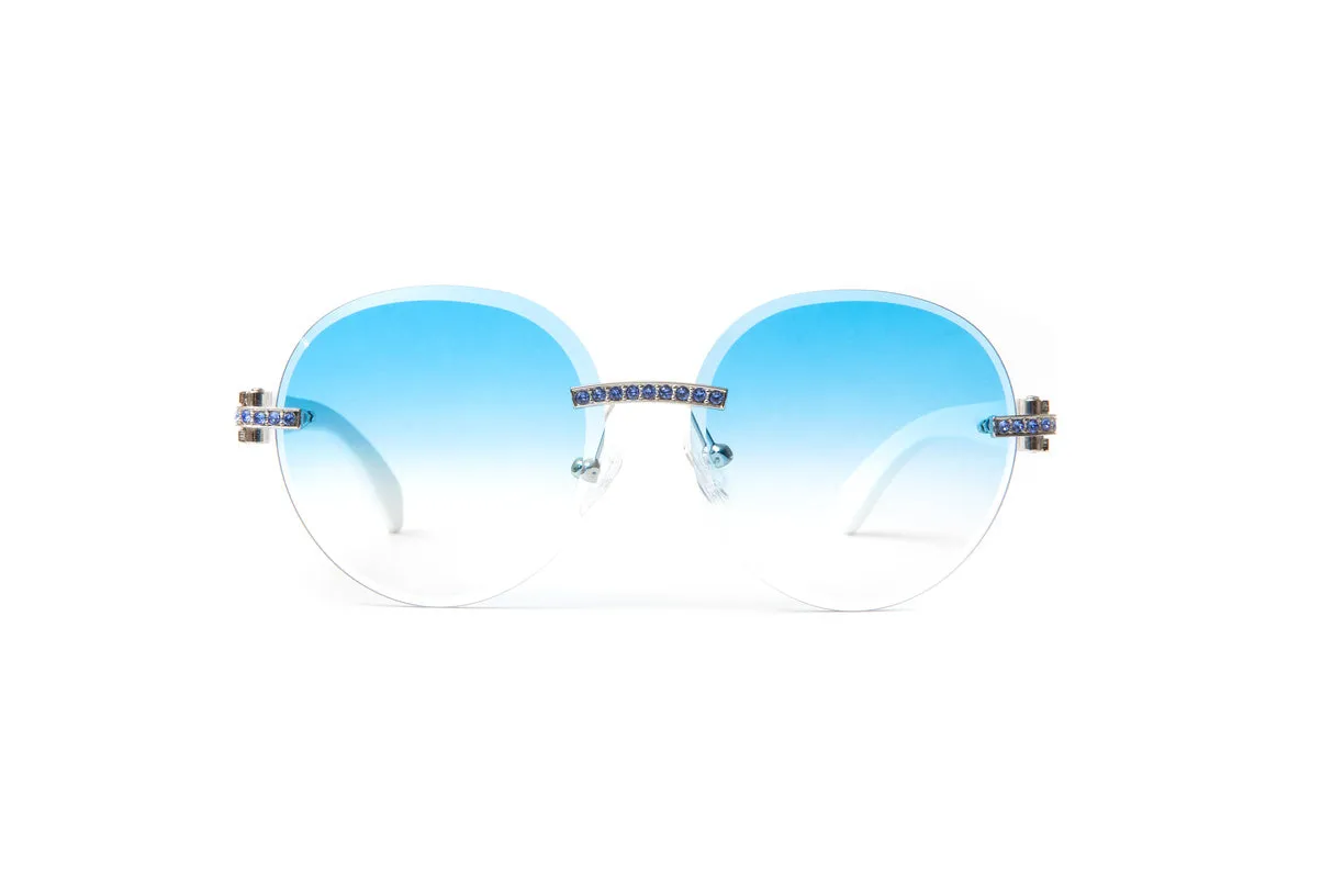 SWAROVSKI Blue Crystal, Silver & White Wood Sunglasses, Gradient Blue Round Lenses