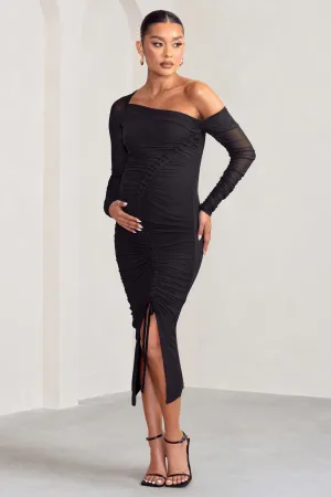 Sweet Dreams | Black Maternity Asymmetric Ruched Midi Dress