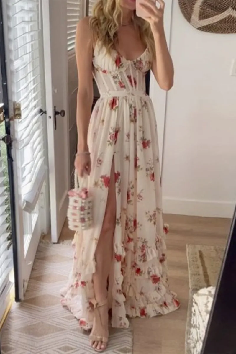 Sweet Elegant Floral Slit U Neck Sling Dress Dresses