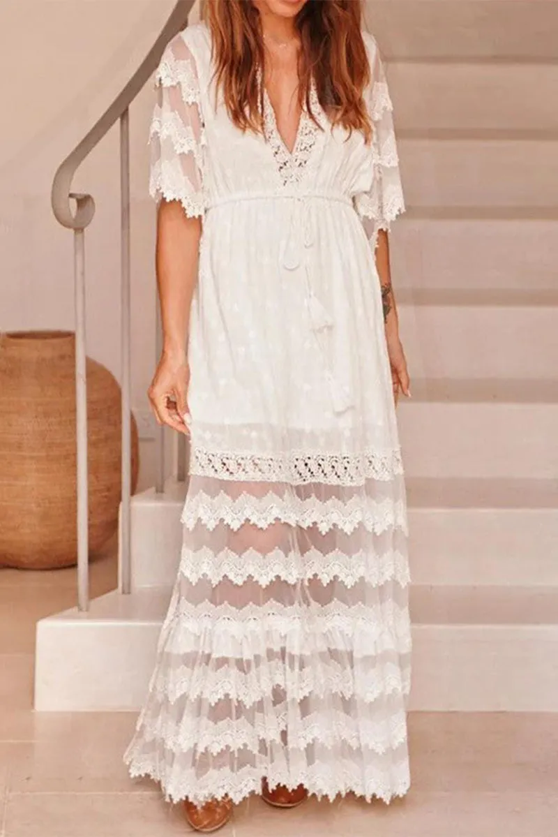 Sweet Elegant Solid Lace Tassel V Neck Short Sleeve Dress Dresses