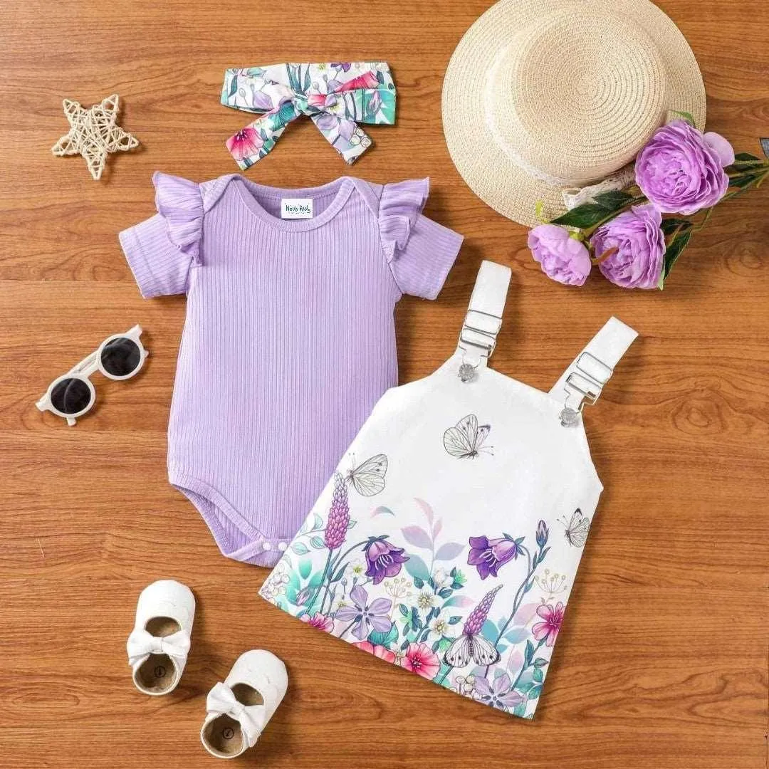 Sweet Flutter Sleeve Romper Set - Baby Girl (3Pcs)