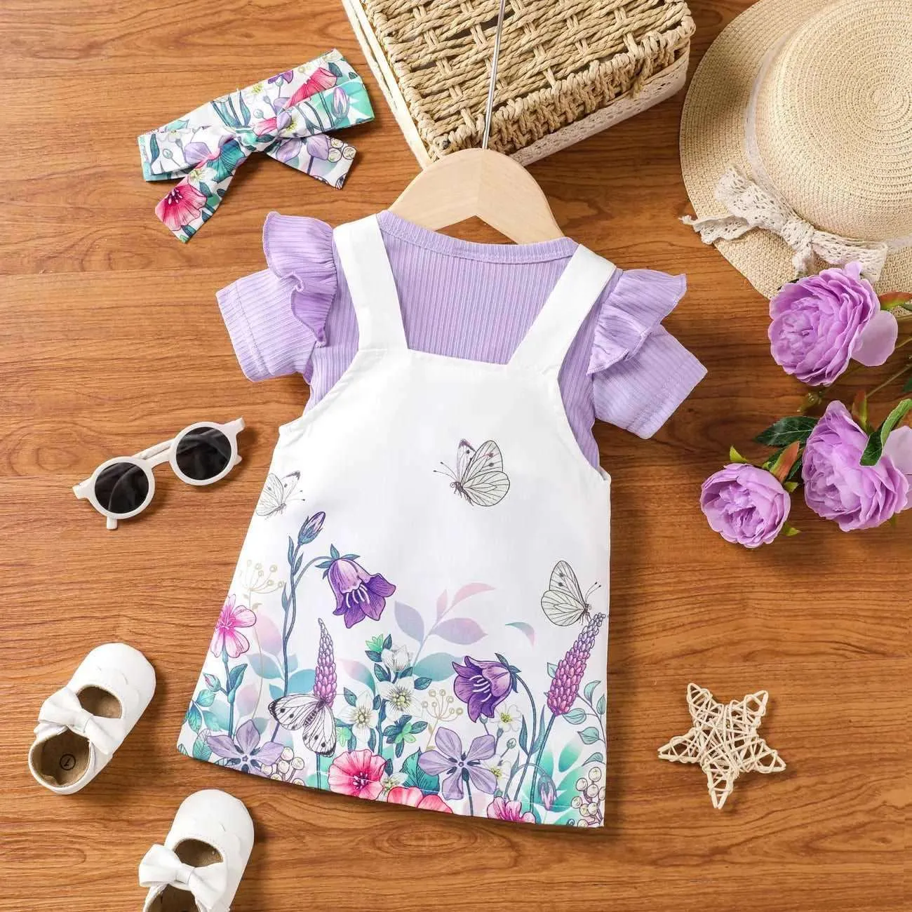 Sweet Flutter Sleeve Romper Set - Baby Girl (3Pcs)