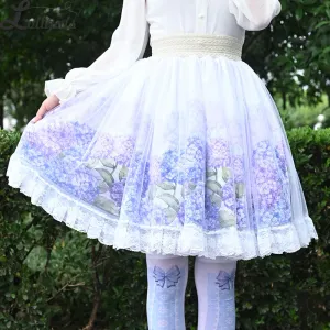 Sweet Hydrangea Printed Short Skirt Mori Girl A line Elastic Waist Skater Skirt for Women