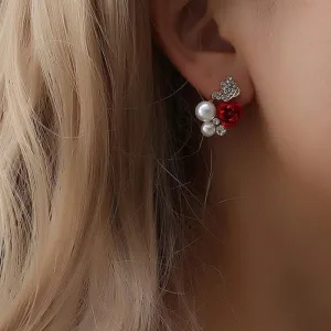 Sweet Jewelry Rose Stud Earrings For Women in Red Color