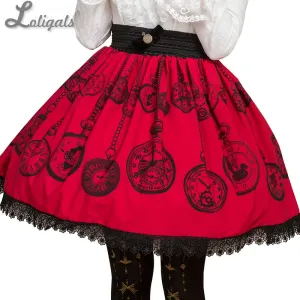 Sweet Mori Girl Deep Red Pocket Watch Printed Short Skirt for Summer