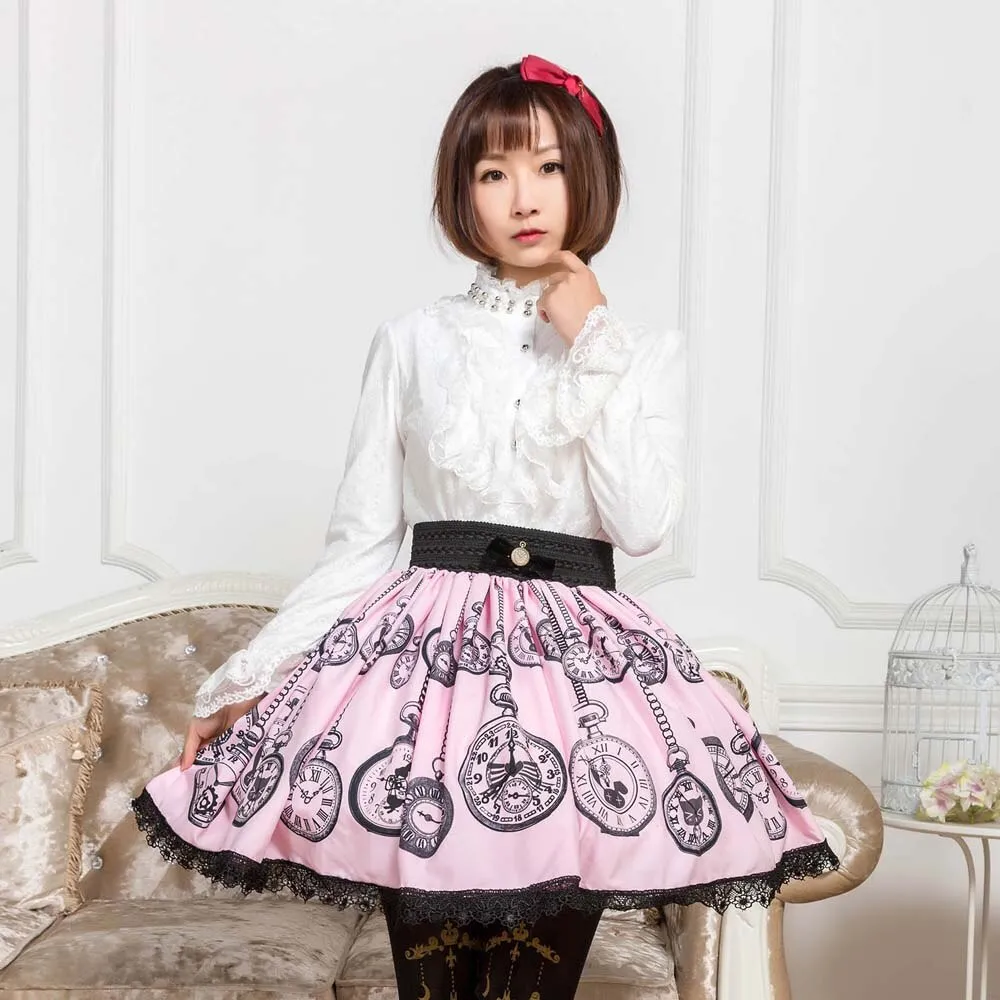 Sweet Mori Girl Pink Pocket Watch Printed Short Skirt for Summer