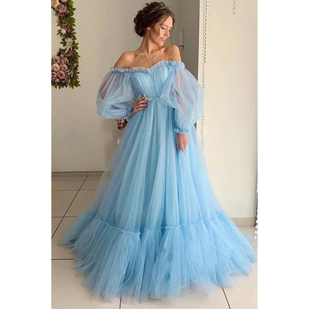 Sweet Solid Long Off Shoulder Mesh Patchwork Formal Wedding Prom Casual Party Dress