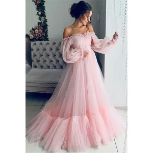 Sweet Solid Long Off Shoulder Mesh Patchwork Formal Wedding Prom Casual Party Dress