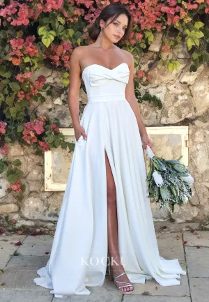 Sweetheart A-Line Sleeveless High Split Brush Train Satin Wedding Dress with Pleated Bridal Gowns