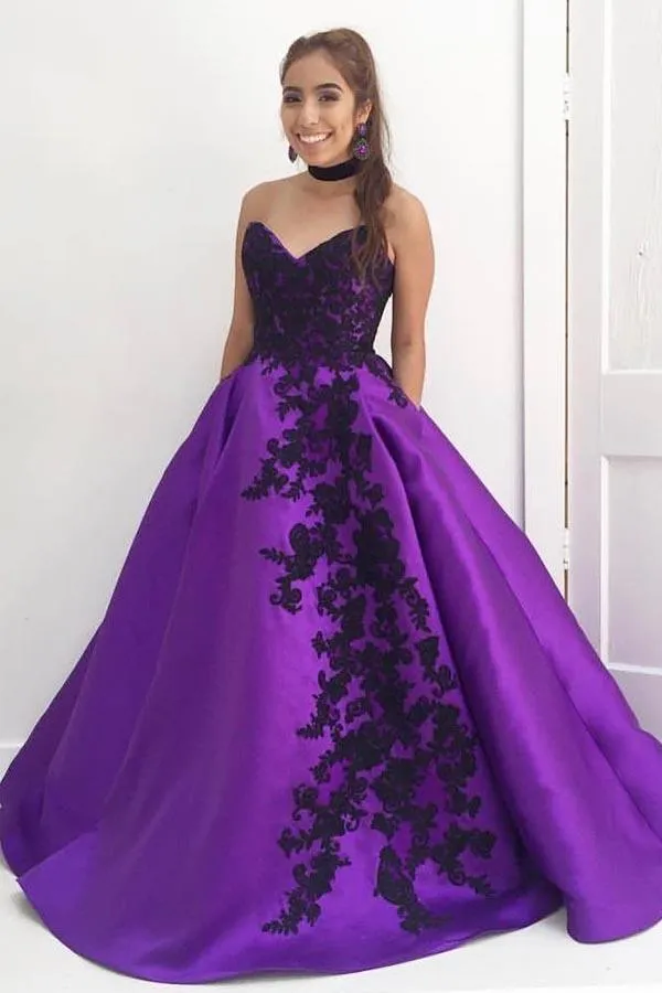 Sweetheart Ball Gown Purple Long Prom Dress with Black Appliques PG544