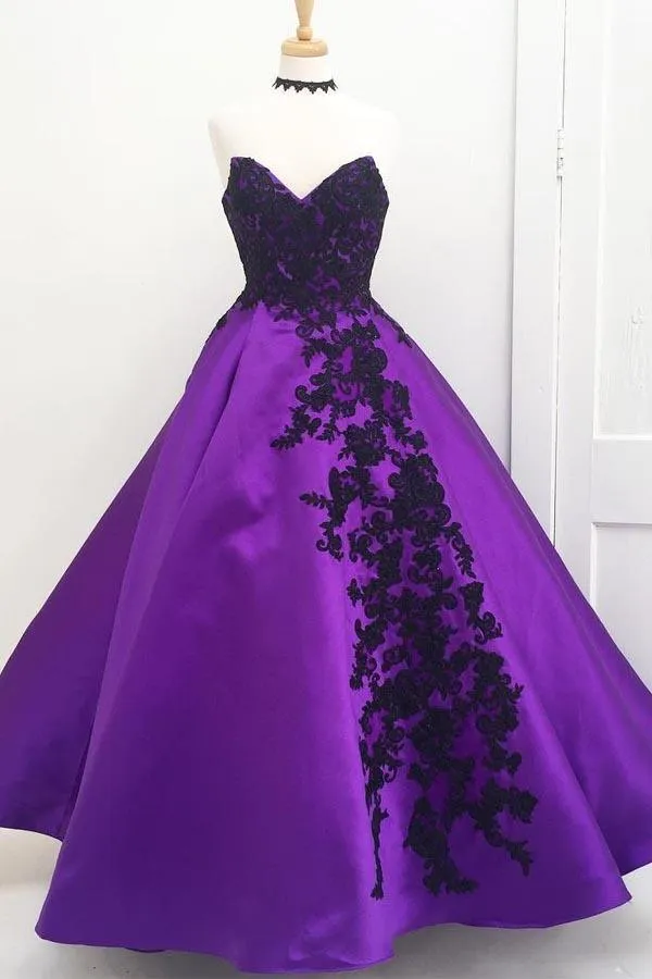 Sweetheart Ball Gown Purple Long Prom Dress with Black Appliques PG544