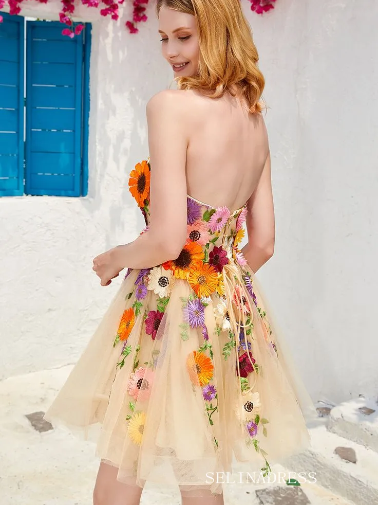 Sweetheart Floral Homecoming Dress Tulle Short Prom Dress EWR413