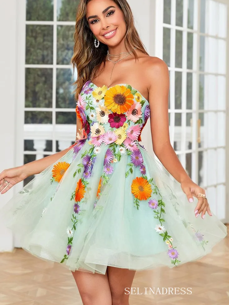 Sweetheart Floral Homecoming Dress Tulle Short Prom Dress EWR413