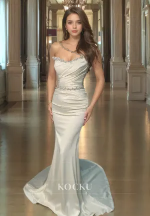 Sweetheart Mermaid Sleeveless Beaded Pleats Satin Formal Dress with Sweep Train Prom Dress